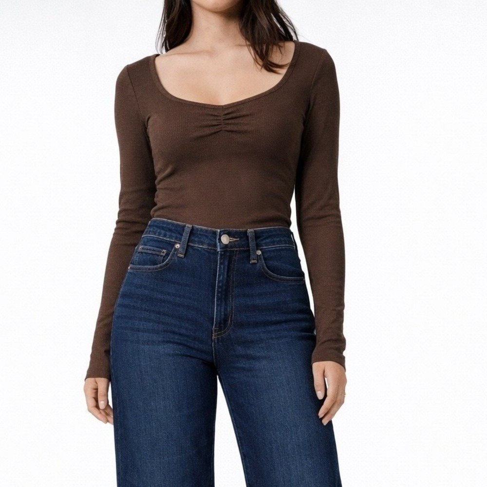 Streetwear Society Brown Ribbed Long Sleeve U Neck Top Shirt -‎ Size Small